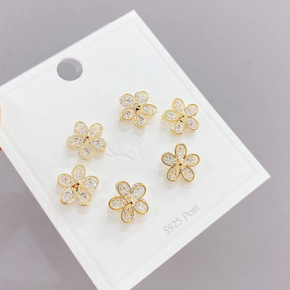 Sweet Flower Copper Ear Studs Plating Inlay Zircon Copper Earrings 3 Pairs