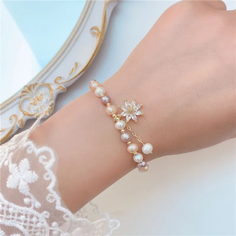 Sweet Flower Copper Plating Inlay Zircon Gold Plated Bracelets