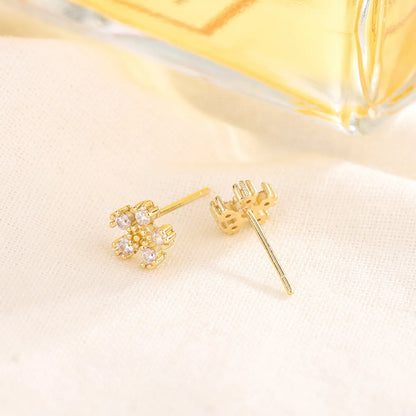 Sweet Flower Copper Plating Zircon Ear Studs 1 Pair