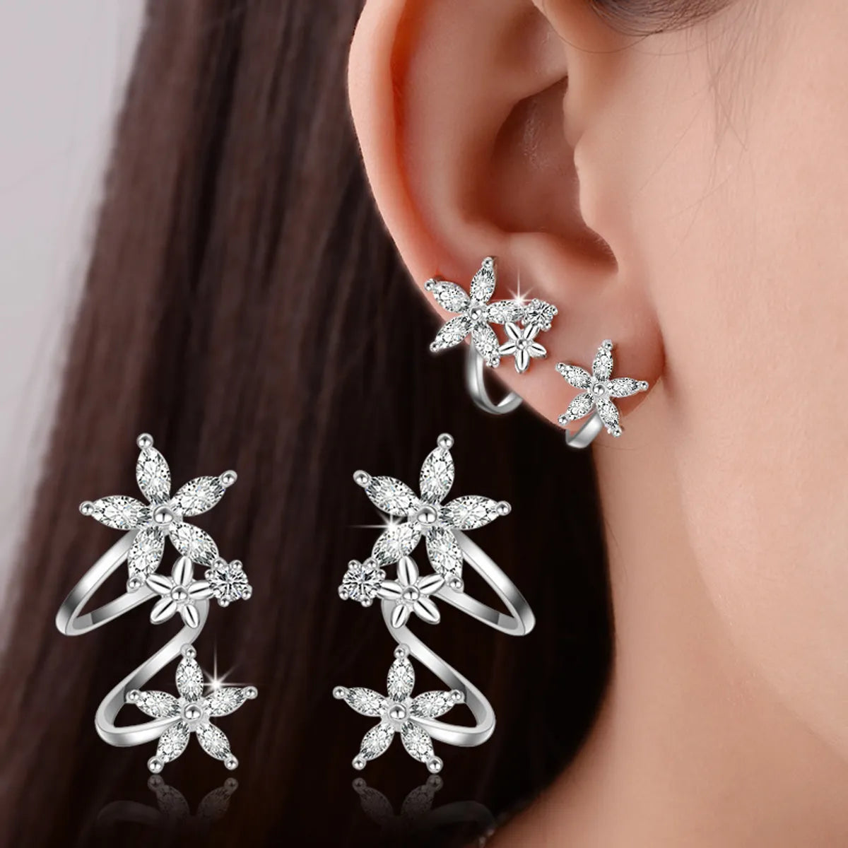 Sweet Flower Curved Ear Clip Fashion Zircon Copper Earrings