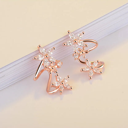 Sweet Flower Curved Ear Clip Fashion Zircon Copper Earrings