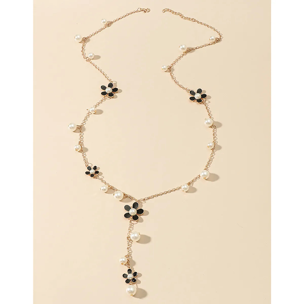 Sweet Flower Imitation Pearl Enamel Inlay Pearl Women's Sweater Chain