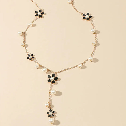 Sweet Flower Imitation Pearl Enamel Inlay Pearl Women's Sweater Chain