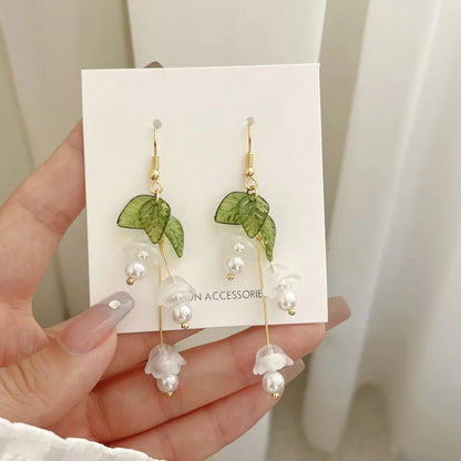 Sweet Flower Metal Tassel Artificial Pearls Drop Earrings