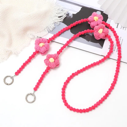 Sweet Flower Plush Beaded Plating Mobile Phone Chain