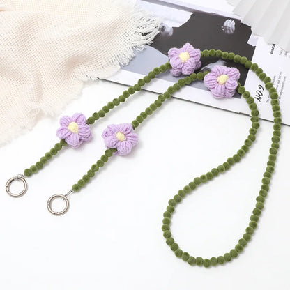 Sweet Flower Plush Beaded Plating Mobile Phone Chain