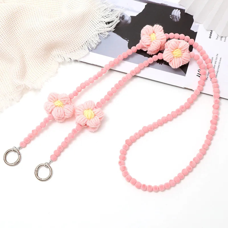 Sweet Flower Plush Beaded Plating Mobile Phone Chain