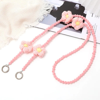 Sweet Flower Plush Beaded Plating Mobile Phone Chain