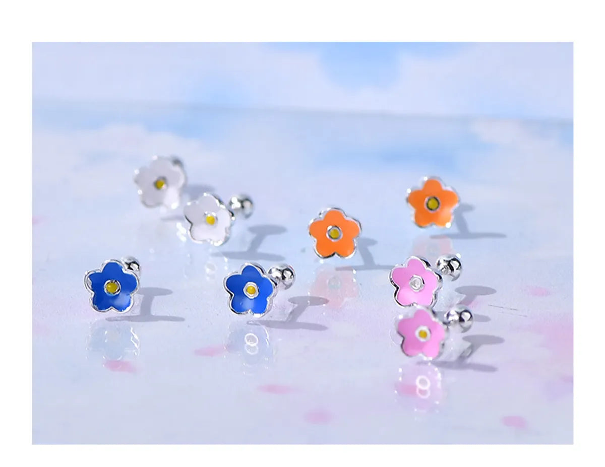 Sweet Flower Silver Enamel Plating Ear Studs 1 Pair