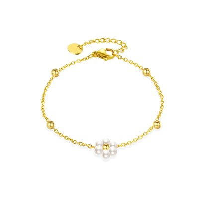 Wholesale Sweet Flower Stainless Steel Beaded Plating Inlay 14k Gold Plated Freshwater Pearl Bracelets Necklace