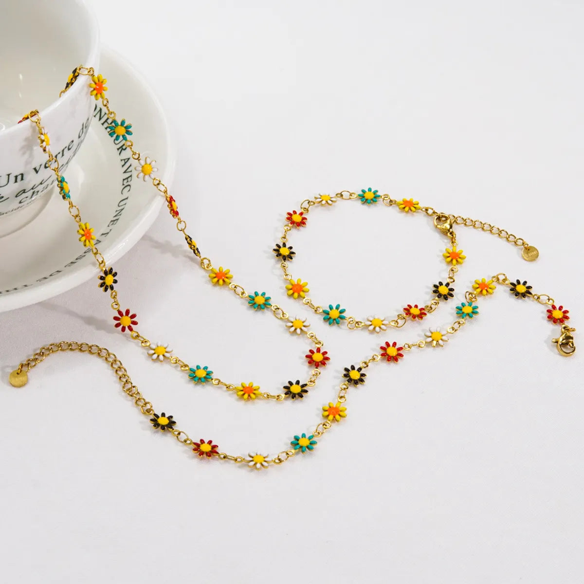 Sweet Flower Stainless Steel Enamel Bracelets Anklet Necklace