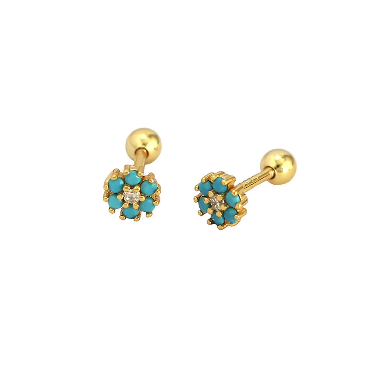 Sweet Flower Plating Sterling Silver Turquoise Rhinestones Ear Studs