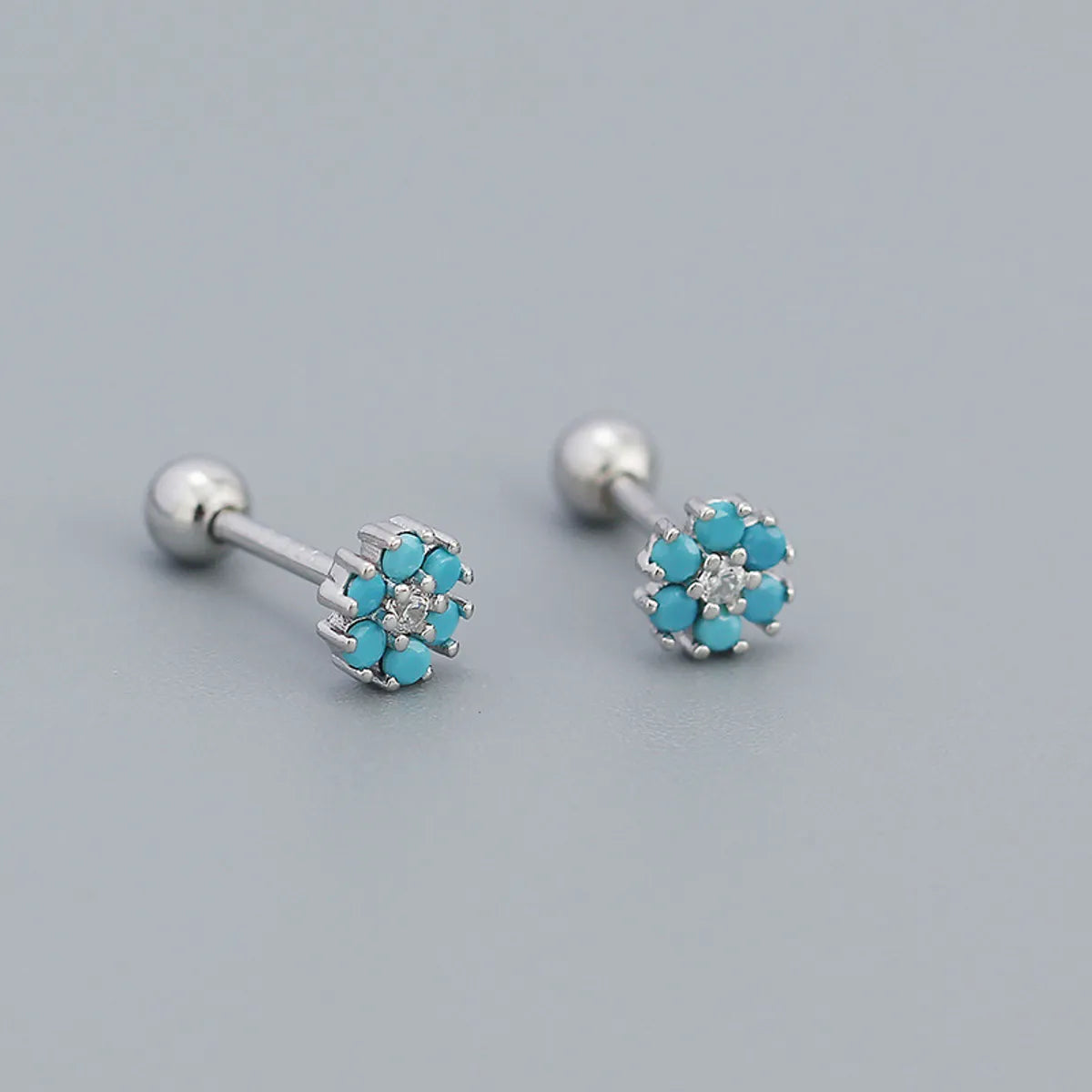 Sweet Flower Plating Sterling Silver Turquoise Rhinestones Ear Studs