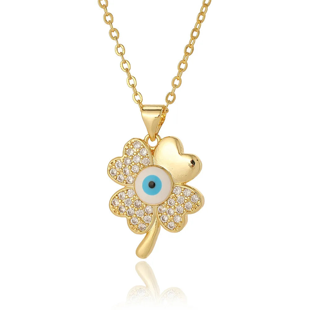 Sweet Four Leaf Clover Eye Copper Plating Inlay Zircon Pendant Necklace