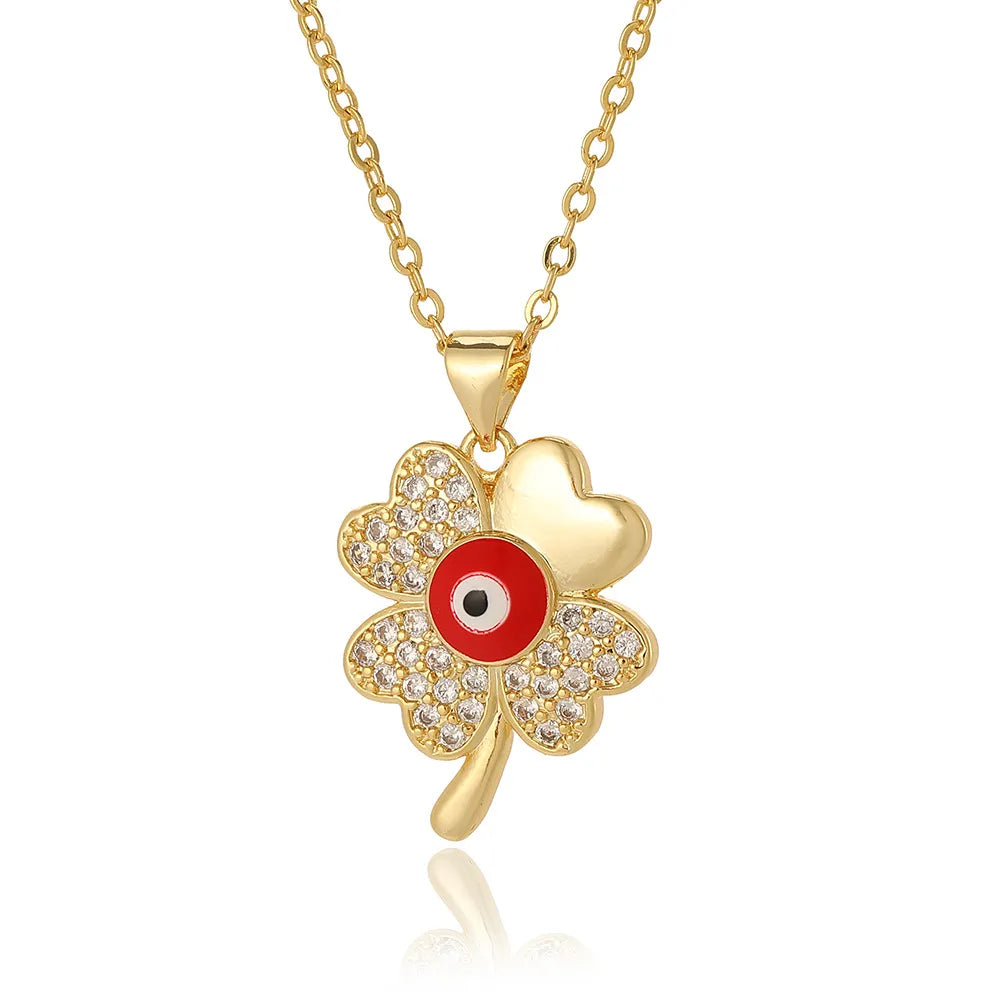 Sweet Four Leaf Clover Eye Copper Plating Inlay Zircon Pendant Necklace