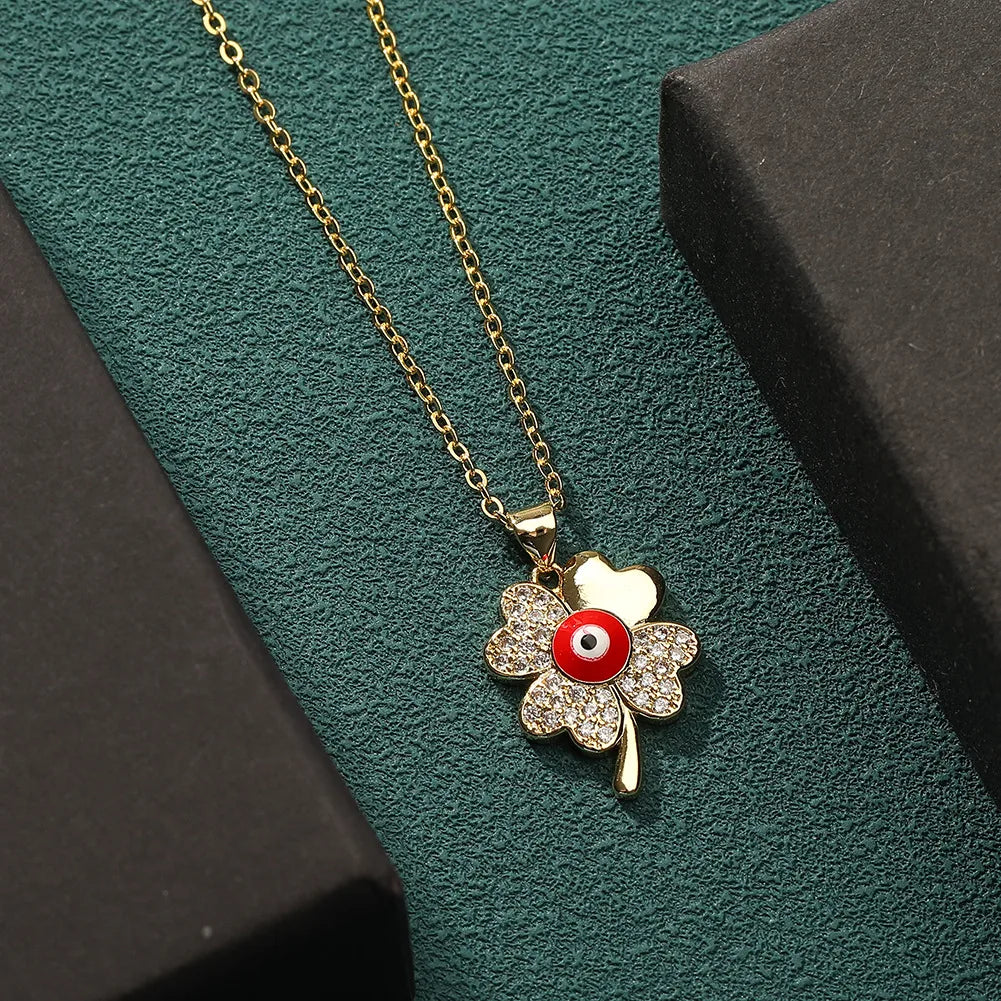 Sweet Four Leaf Clover Eye Copper Plating Inlay Zircon Pendant Necklace