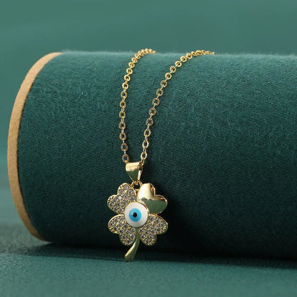 Sweet Four Leaf Clover Eye Copper Plating Inlay Zircon Pendant Necklace