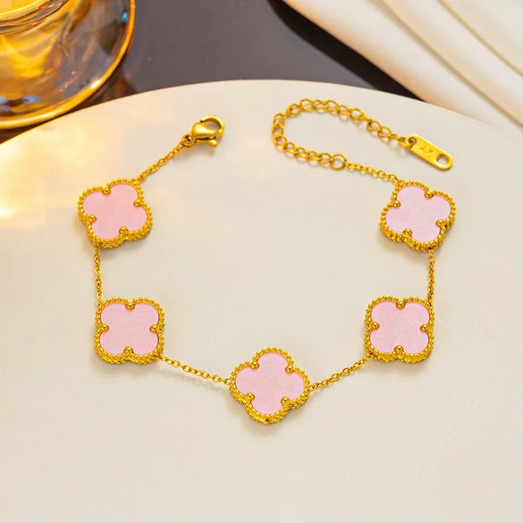 Wholesale Sweet Four Leaf Clover Titanium Steel Plating Inlay Shell Bracelets Necklace Jewelry Set