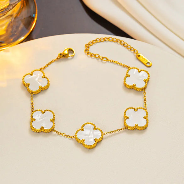 Wholesale Sweet Four Leaf Clover Titanium Steel Plating Inlay Shell Bracelets Necklace Jewelry Set