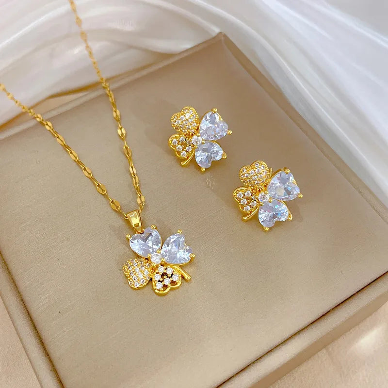 Wholesale Jewelry Sweet Four Leaf Clover Titanium Steel Zircon Plating Inlay Earrings Necklace