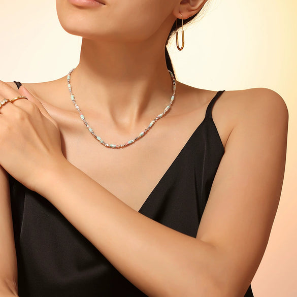 Sweet Fresh Dopamine Beaded Women's Necklace With Trendy Colorful Natural Stone Stainless Steel Clavicle Chain In Geometric Design Electroplated