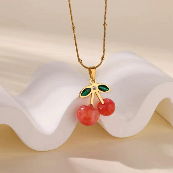 Sweet Fruit Pattern Resin Pendant Stainless Steel Necklace With Electroplating