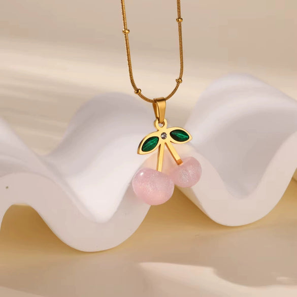 Sweet Fruit Pattern Resin Pendant Stainless Steel Necklace With Electroplating