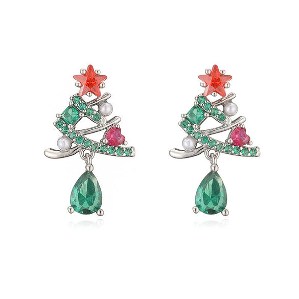Sweet Geometric Christmas Tree Bell Earrings With Copper Inlay And Zircon Accents For Women