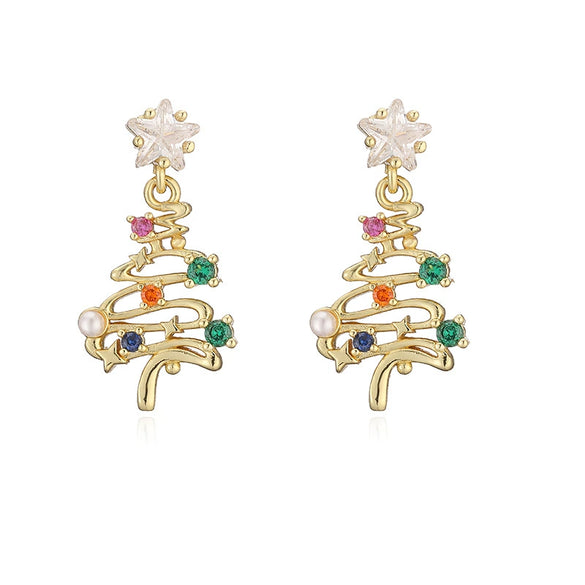 Sweet Geometric Christmas Tree Bell Earrings With Copper Inlay And Zircon Accents For Women
