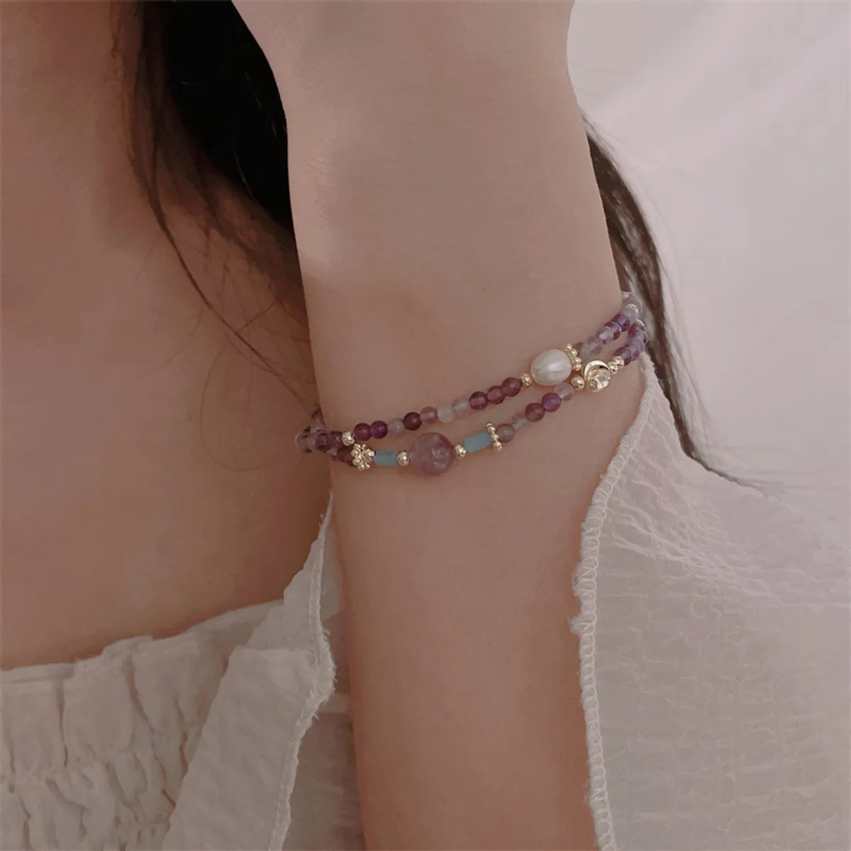 Sweet Geometric Color Block Freshwater Pearl Opal Glass Beaded Women's Bracelets