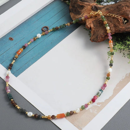 Sweet Geometric Color Block Freshwater Pearl Tourmaline Copper Beaded Handmade Women's Necklace