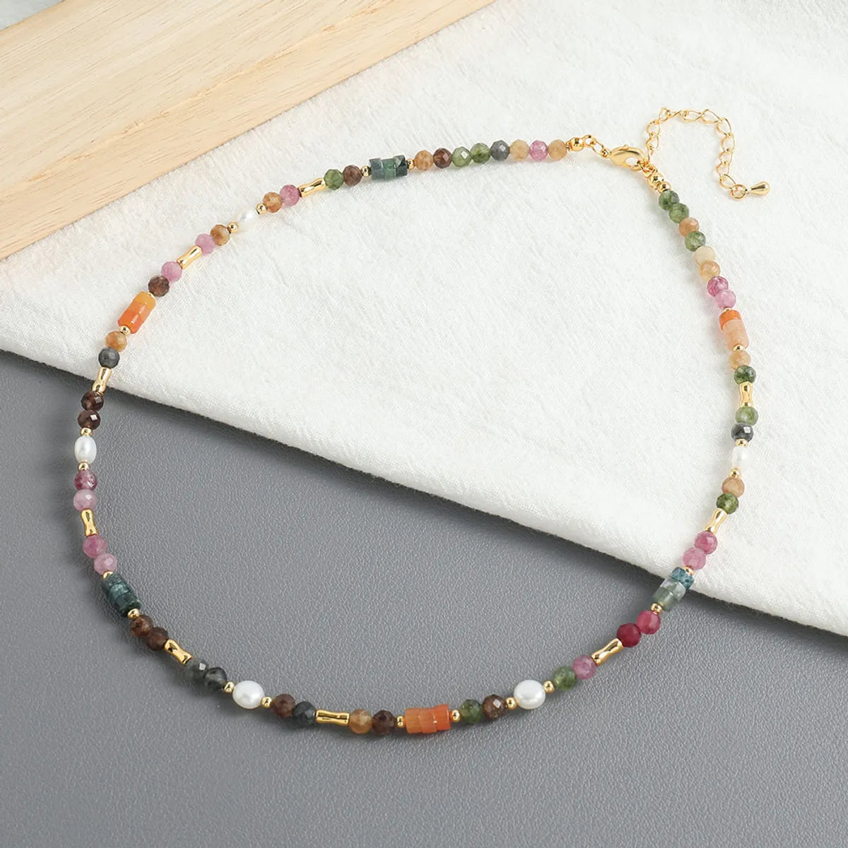 Sweet Geometric Color Block Freshwater Pearl Tourmaline Copper Beaded Handmade Women's Necklace