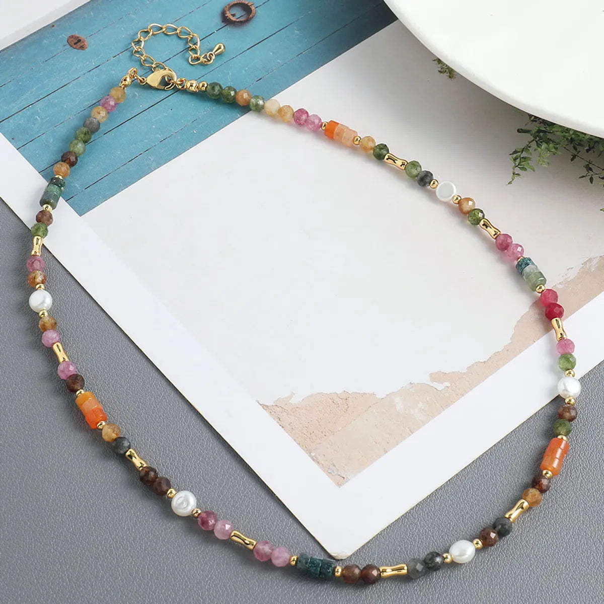 Sweet Geometric Color Block Freshwater Pearl Tourmaline Copper Beaded Handmade Women's Necklace