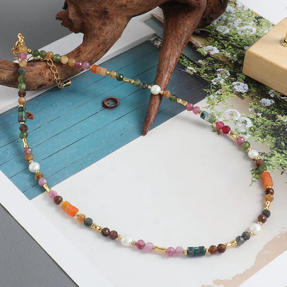 Sweet Geometric Color Block Freshwater Pearl Tourmaline Copper Beaded Handmade Women's Necklace