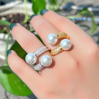 Sweet Geometric Copper 14k Gold Plated White Gold Plated Rhodium Plated Artificial Pearls Open Rings In Bulk