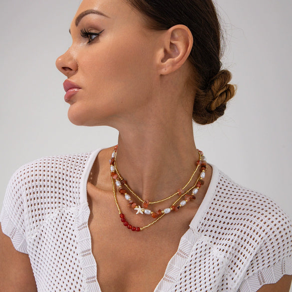 Sweet Geometric Handmade Pearl Starfish Beaded Necklace For Women