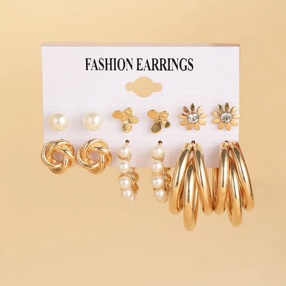 6 Pieces Sweet Geometric Heart Shape Flower Plating Alloy Artificial Pearls Rhinestones Earrings Ear Studs