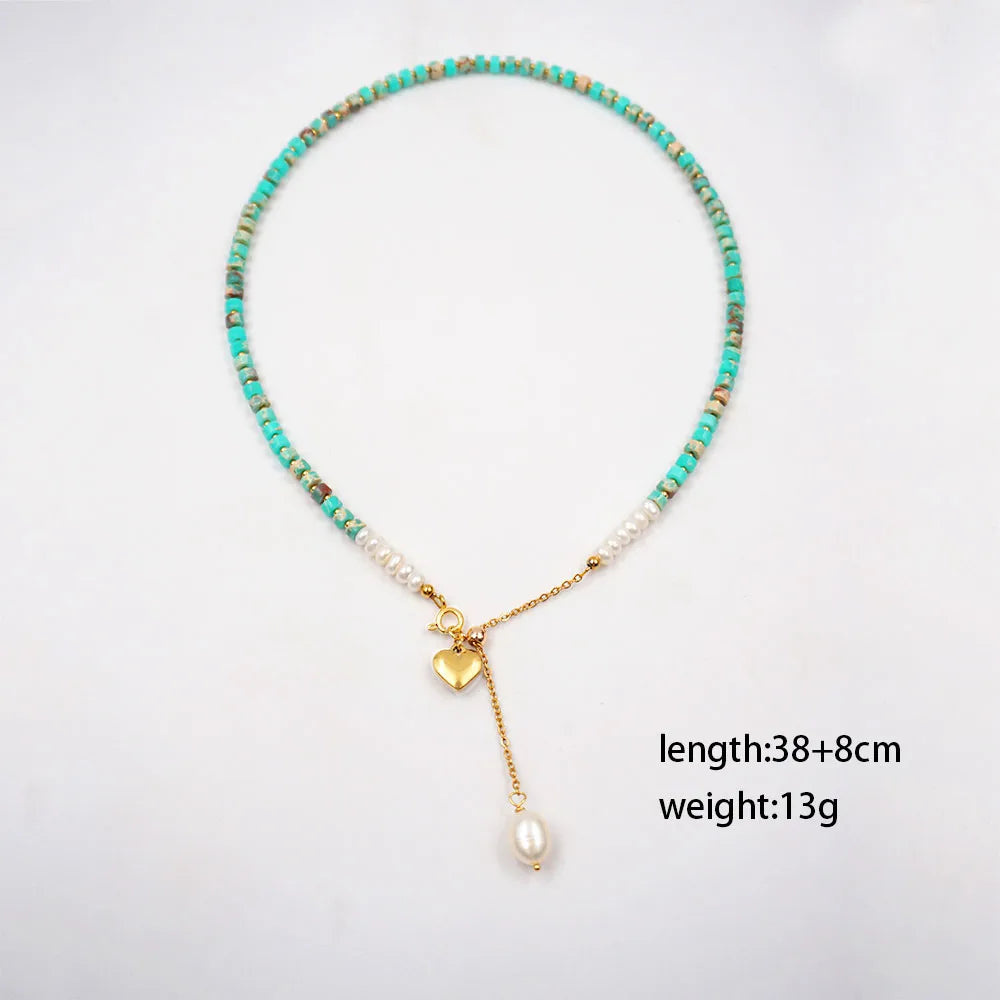 Sweet Geometric Leaves Gold Plated 304 Stainless Steel Turquoise Freshwater Pearl Wholesale Pendant Necklace