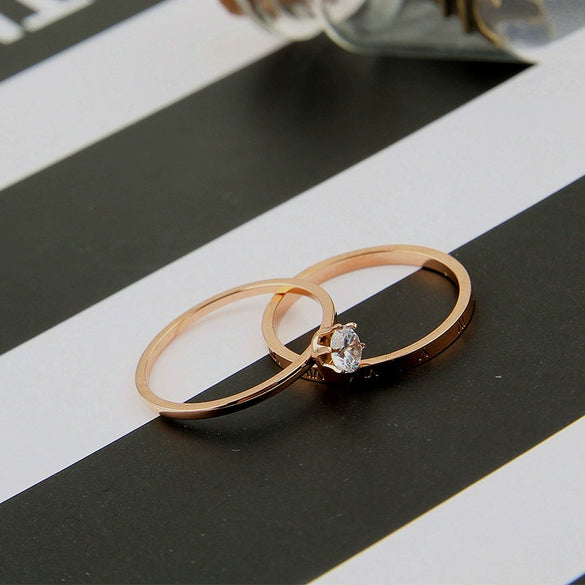 Sweet Geometric Titanium Steel Two In One Women's Couple Ring Set With Electroplated Fashion Design