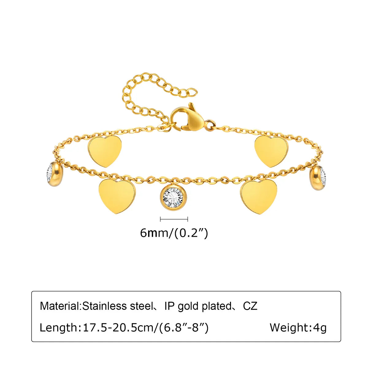 Sweet Heart Shape 201 Stainless Steel 18K Gold Plated Zircon Bracelets In Bulk