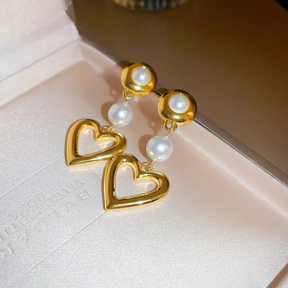 Sweet Heart Shape Alloy Inlay Pearl Women's Drop Earrings