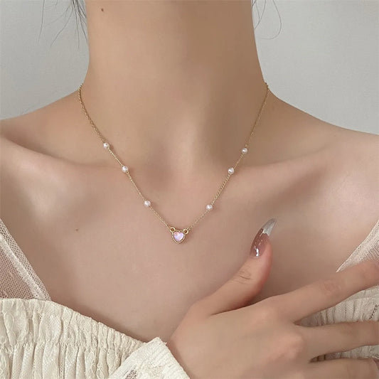 Sweet Heart Shape Artificial Pearl Alloy Necklace 1 Piece