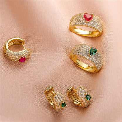 Sweet Heart Shape Copper Gold Plated Zircon Women'S Rings Earrings