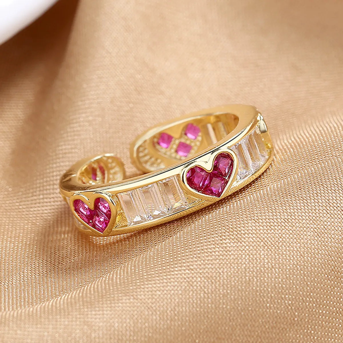 Sweet Heart Shape Copper Inlay Zircon Open Ring