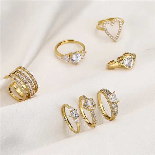 Sweet Heart Shape Copper Plating Inlay Zircon Open Ring 1 Piece