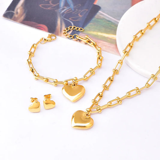 Sweet Heart Shape Lock Titanium Steel Plating Women's Bracelets Earrings Necklace