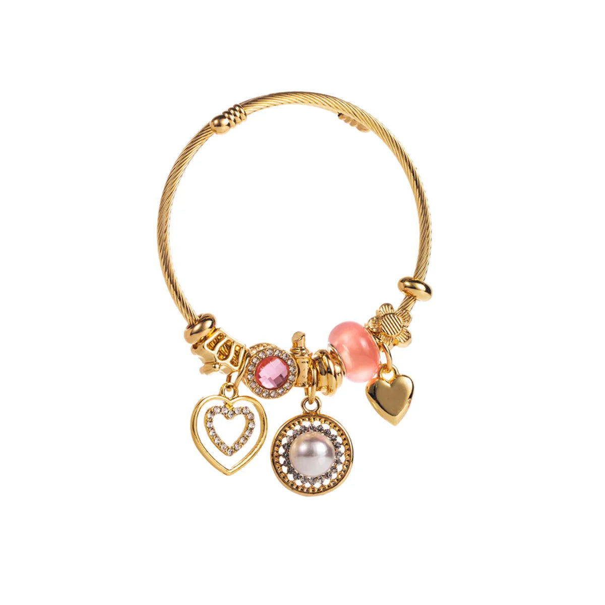 Sweet Heart Shape Pearl 304 Stainless Steel Alloy Gold Plated Rhinestones Pearl Bangle In Bulk