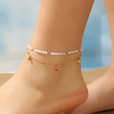 Sweet Heart Shape Stainless Steel Artificial Pearl Beaded Plating 18k Gold Plated Women'S Anklet