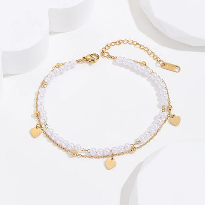 Sweet Heart Shape Stainless Steel Artificial Pearl Beaded Plating 18k Gold Plated Women'S Anklet