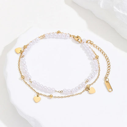 Sweet Heart Shape Stainless Steel Artificial Pearl Beaded Plating 18k Gold Plated Women'S Anklet